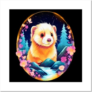 Cute Ferret with Floral Elements in Watercolor art Posters and Art